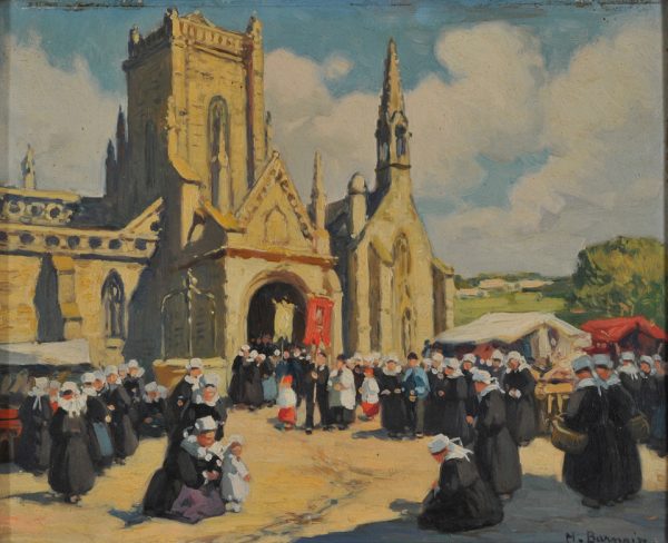 « Départ de procession place de l'église à Locronan »